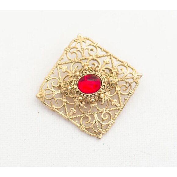 Vintage Edwardian Square Brooch with Red Gemstone - A3 - Picture 1 of 2